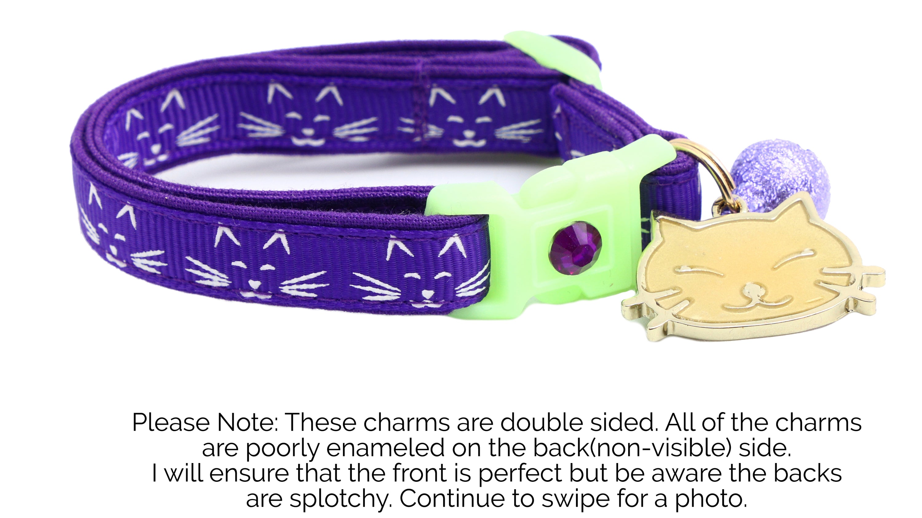 A glowing cat faces breakaway collar made of reinforced cotton, featuring a bell and charm, perfect for nighttime visibility.